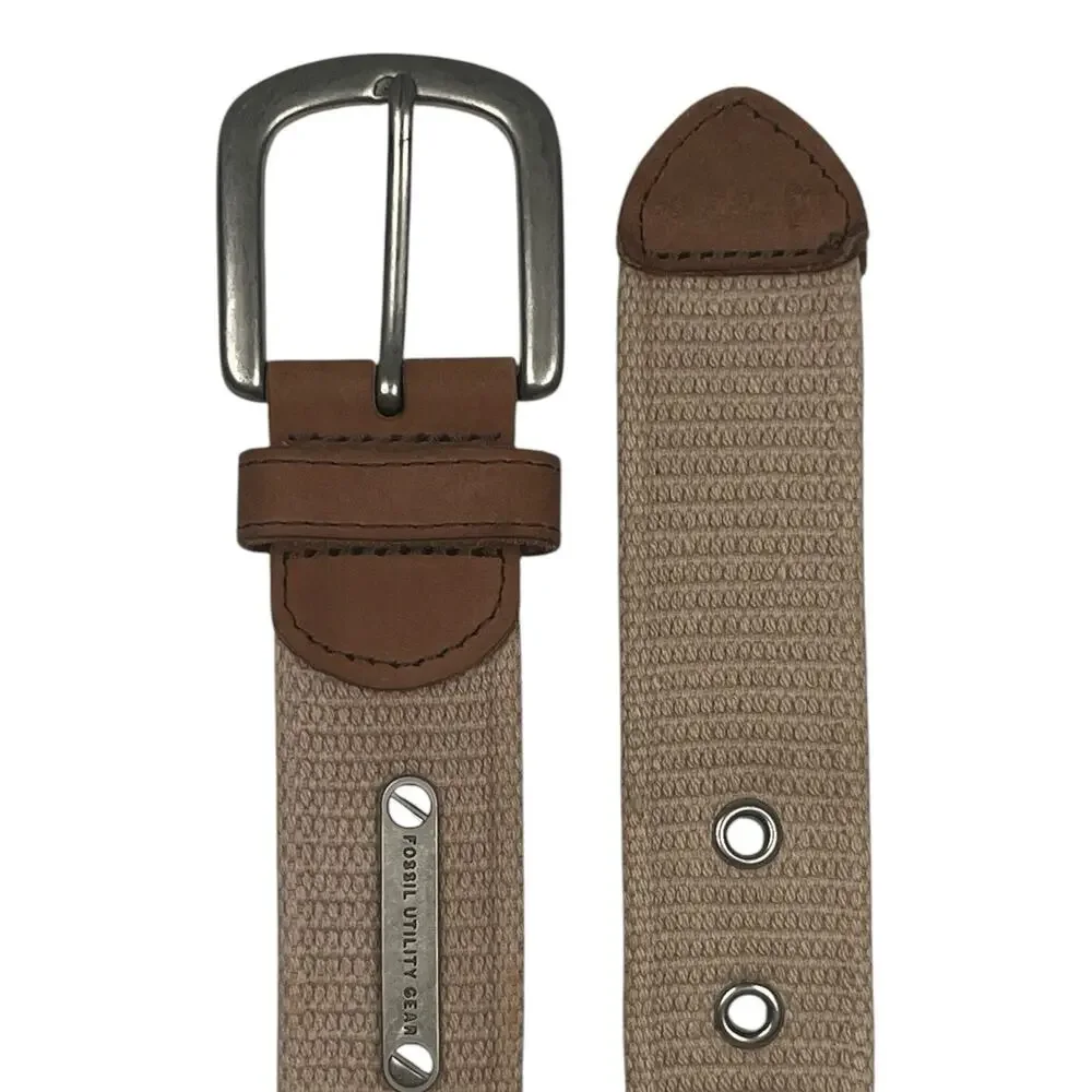 Fossil Utility Gear Men’s Canvas Belt Khaki Tan Leather Trim Size 40